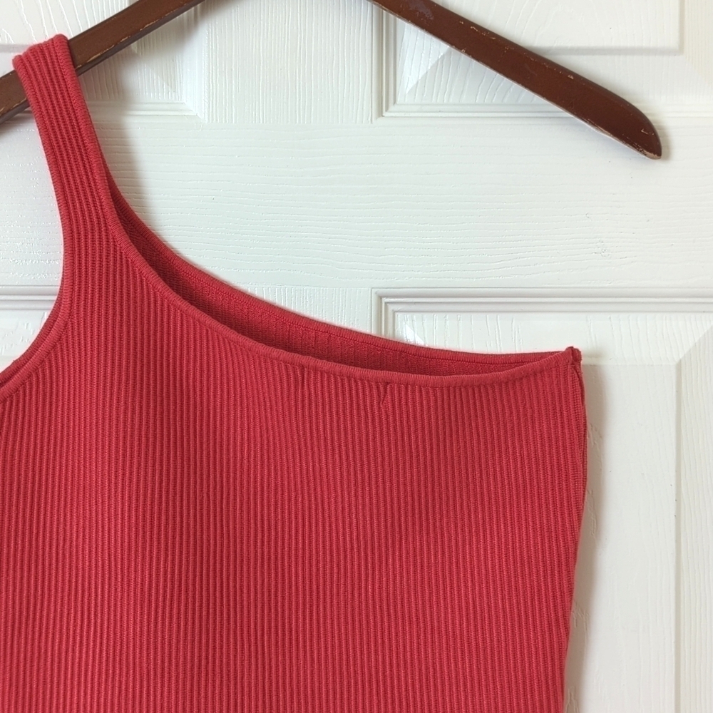 House Of Harlow 1960 Ribbed Knit One Shoulder Cropped Tank Top Coral Red Medium - Picture 9 of 9
